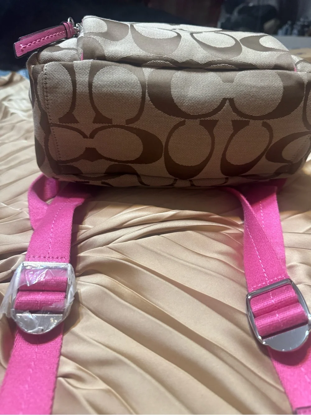Coach Khaki Signature Canvas Backpack with Pink Trim